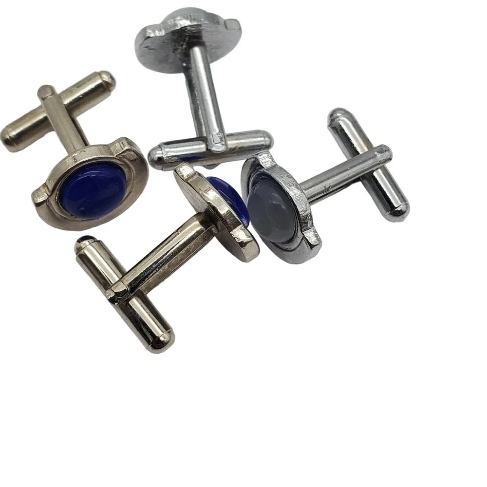 Faux Moonstone Silver Tone Cufflinks Blue Deco Style Suit Accessory Vintage Pair
